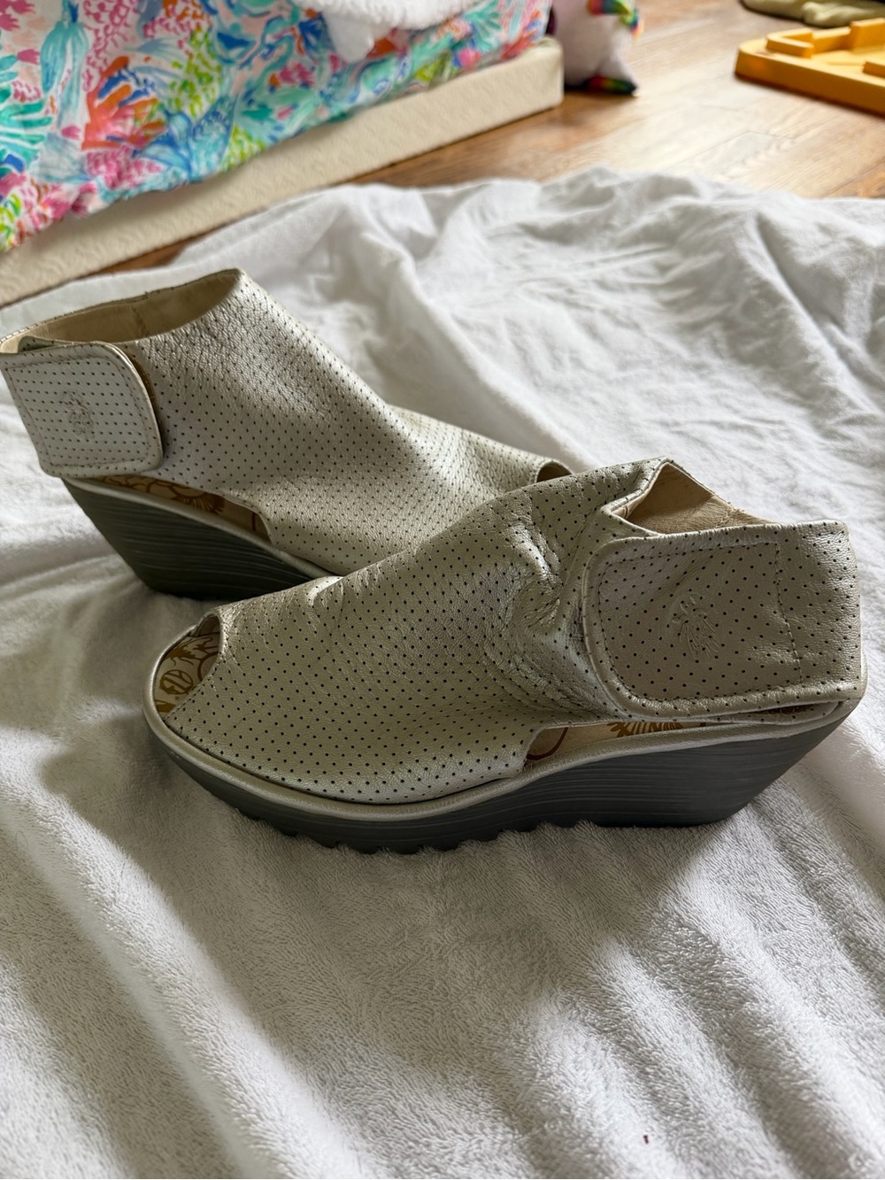 Fly London Wedge Peep-Toe Sandals in Pearl (have a metallic finish)